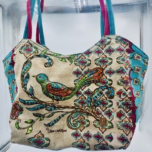 Kate McRostie Purse Tote Bag Canvas Fabric Colorful Sequin Beads Bird Print Aqua